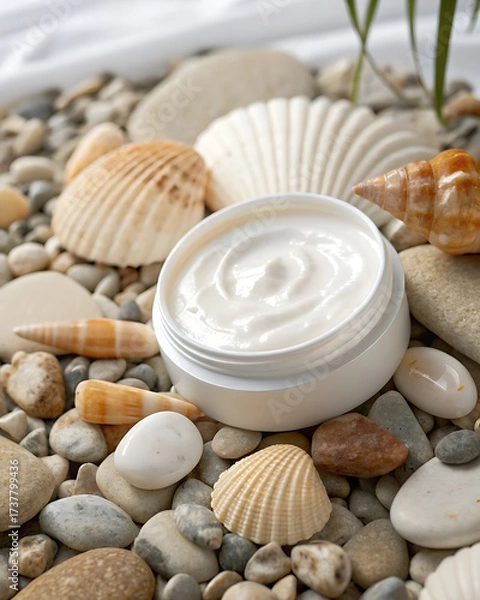 Fototapeta A jar of natural body cream, placed on a composition of smooth gray pebbles and an exquisite seashell.