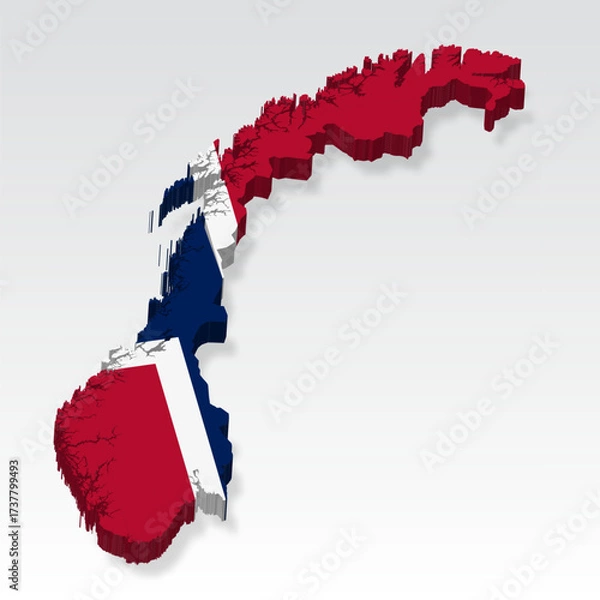 Fototapeta 3D  Norway map with flag. Three dimensional map of Norway with shadow. Flag Kingdom of Norway on white background for your design, app, UI.  Stock vector. EPS10.