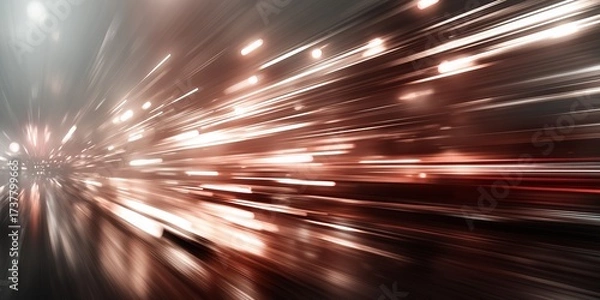 Fototapeta Abstract background of horizontal light trails and golden bokeh effects on a dark background, representing speed, motion, and technology.