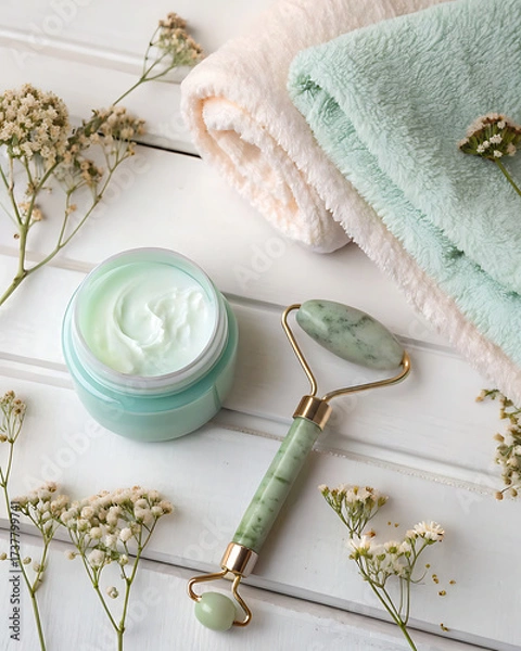 Fototapeta Flat lay composition for a self-care ritual. Includes a jar of cream, a jade roller for facial massage, delicate dried flowers