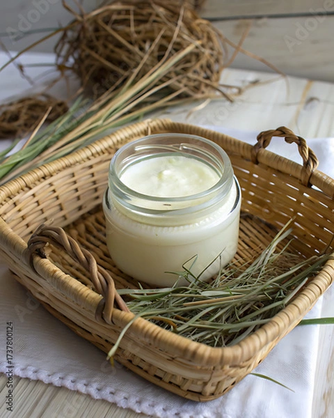 Fototapeta Glass jar with natural cream in a basket filled with fragrant dry grass. Rustic style conveys an atmosphere of comfort