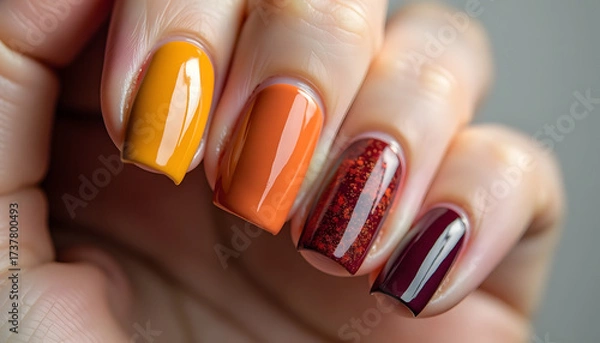 Fototapeta Woman's hand displaying colorful fall nails with autumn manicure  