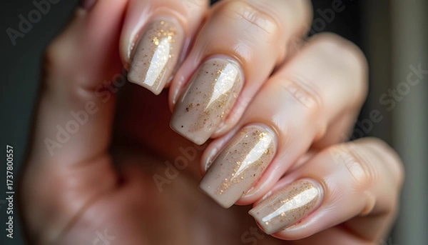 Fototapeta Woman's hand with elegant fall nails featuring gold shimmer and gloss  