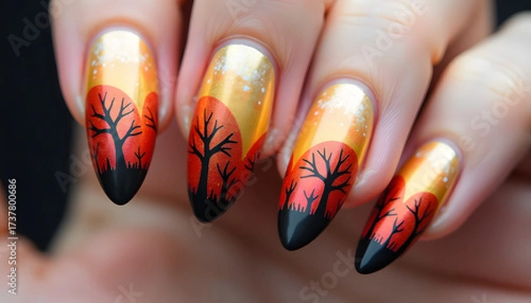 Fototapeta Fall nails with autumn sunset design and tree silhouettes  