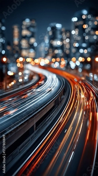 Fototapeta long-exposure shot of highway overpasses and blurred car light trails leading into a defocused, sparkling city skyline at night.