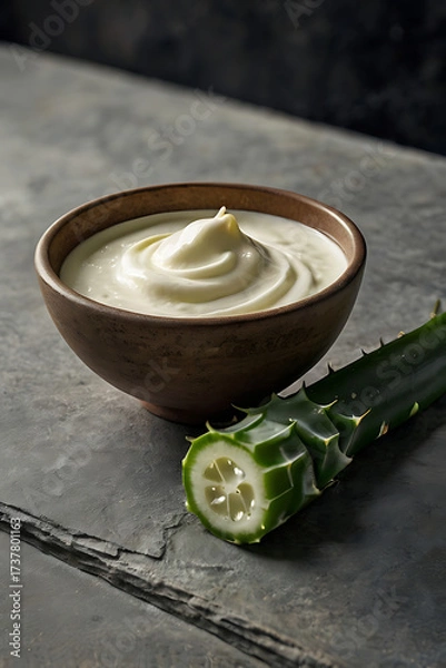 Fototapeta Natural skin care cream next to an aloe vera leaf on a stone surface. Reveals the secret to powerful hydration