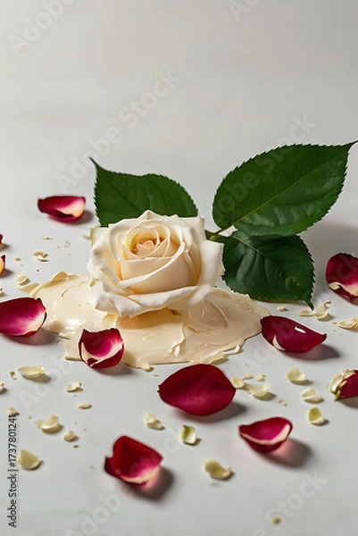 Fototapeta Elegant jar of face or body cream isolated on a pure white background. Delicate rose petals
