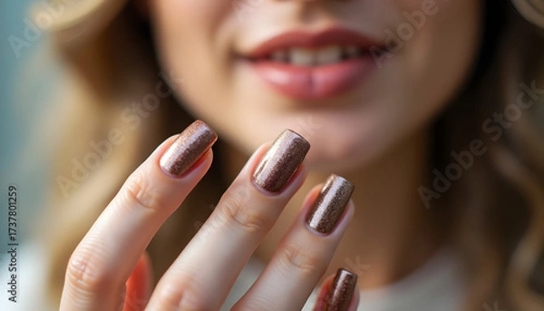 Fototapeta Woman showing off her manicured fall nails with a smiling expression  