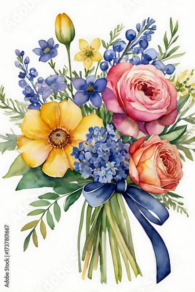 Fototapeta Watercolor illustration of a colorful spring bouquet tied with a ribbon on a white background