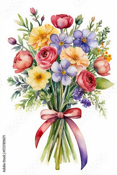 Fototapeta Watercolor illustration of a colorful spring bouquet tied with a ribbon on a white background