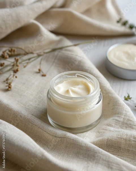 Fototapeta Natural cream in a simple glass jar. Linen fabric in the background, symbolizing natural origin