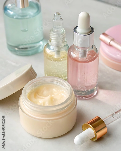 Fototapeta Elegant pastel mockup for beauty products. Cream jar and transparent glass bottles with pipettes