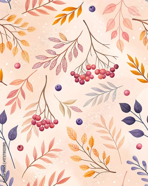 Fototapeta Pastel background with delicate patterns of autumn berries and openwork twigs