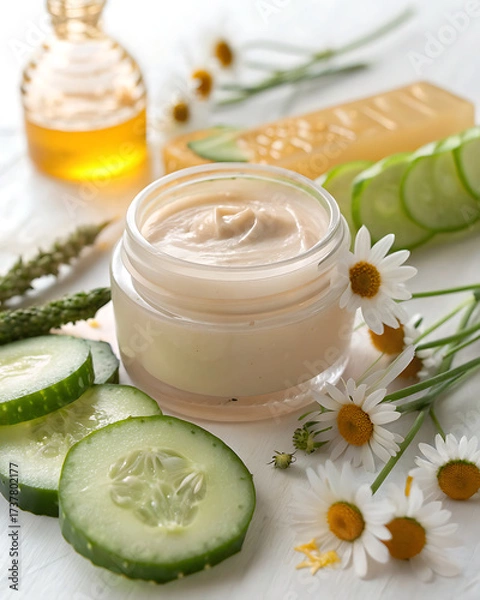 Fototapeta Natural body cream, the ingredients of which it is made: fresh cucumber, aloe vera slices, natural honey