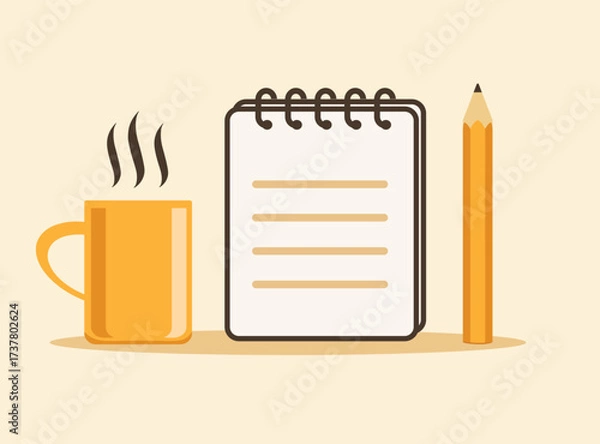 Obraz Notebook, pencil and coffee cup, vector illustration