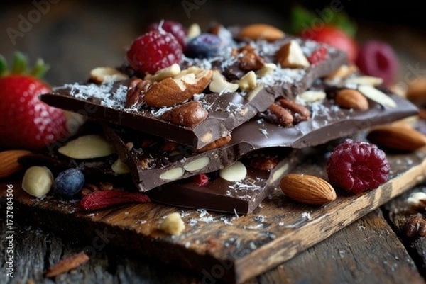 Fototapeta Chocolate bark with nuts and fruit scattered on table