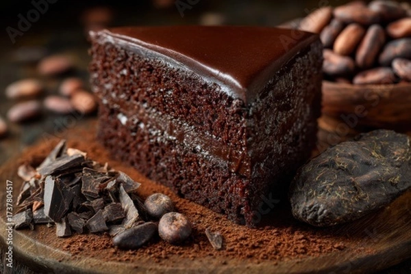Fototapeta Close-up of chocolate cake slice with rich ganache