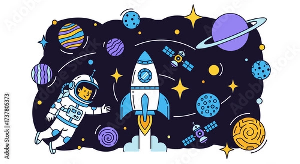 Fototapeta Cartoon Astronaut and Rocket in Outer Space Illustration