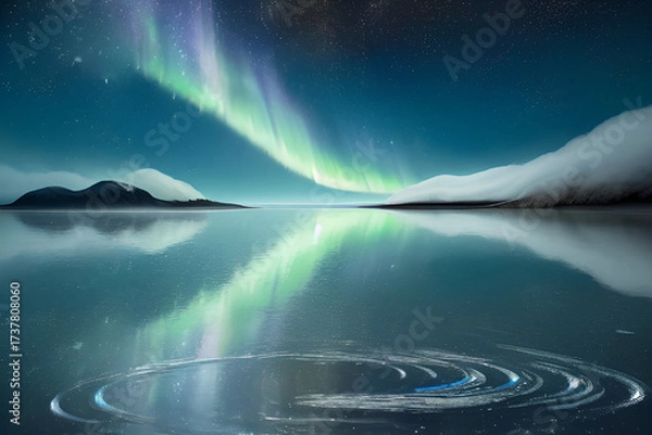 Fototapeta ゲーム背景　オーロラと美しい星空と海の夜風景