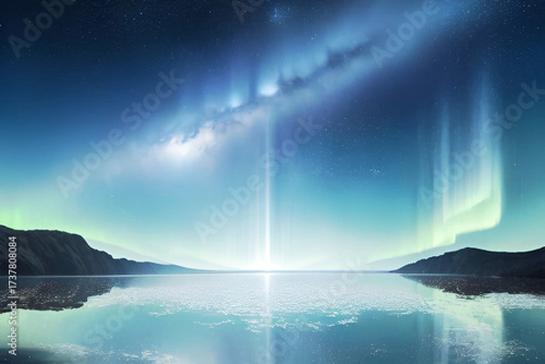 Fototapeta ゲーム背景　オーロラと美しい星空と海の夜風景