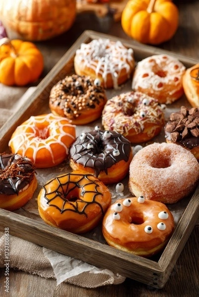 Fototapeta Assorted Halloween donuts with orange glaze and spider web design arranged on a wooden tray, featuring festive decorations and a cozy autumn ambiance