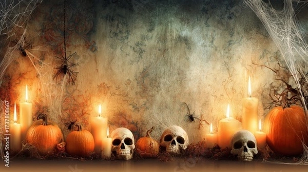 Fototapeta Halloween background featuring glowing candles, skulls, and pumpkins, creating an eerie atmosphere with intricate spider webs and a textured backdrop for seasonal decor