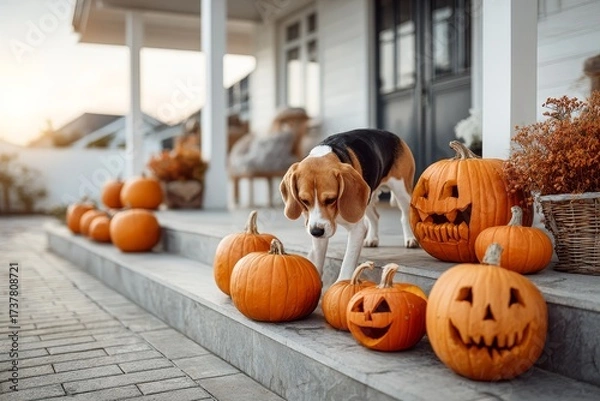 Fototapeta Beagle wearing a skeleton costume explores carved pumpkins on a porch, surrounded by autumn decorations, capturing a festive Halloween atmosphere with playful charm