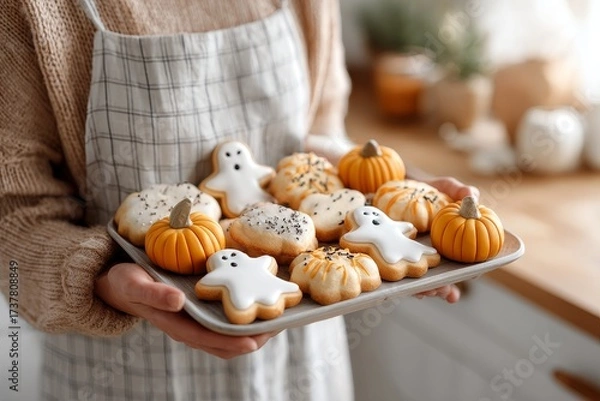 Fototapeta Hands holding a tray of freshly baked Halloween-themed cookies, featuring ghost and pumpkin shapes, set against a cozy kitchen background with warm lighting and inviting atmosphere
