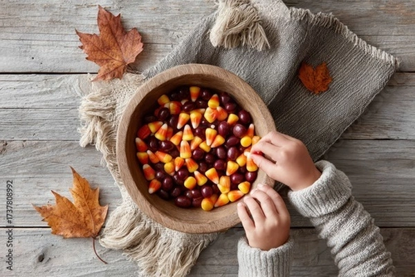 Fototapeta Children's hands reaching for colorful candy corn and chocolate treats in a rustic wooden bowl on a textured surface with autumn leaves, capturing the essence of Halloween festivities
