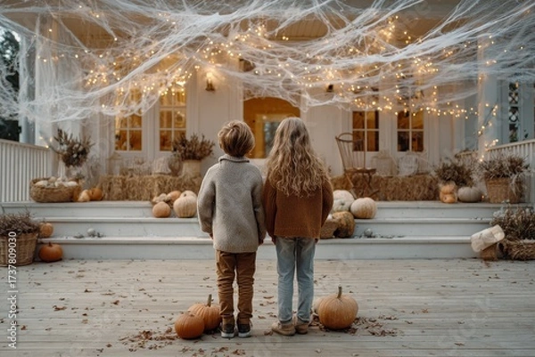 Fototapeta Two children in cozy sweaters stand together on a porch decorated for Halloween, surrounded by pumpkins and spider webs, creating a festive autumn atmosphere