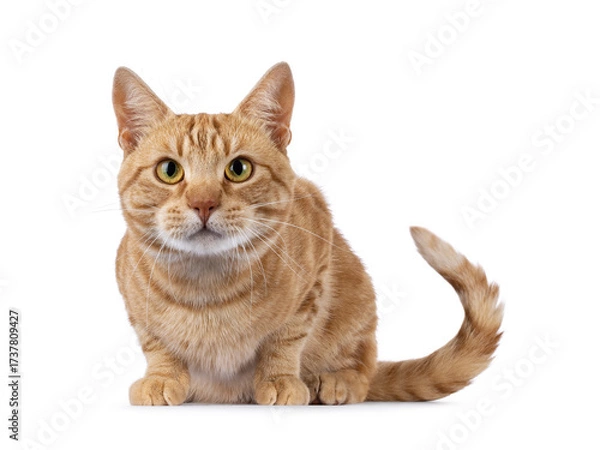 Fototapeta Charismatic red European Shorthair cat, laying down facing front. Looking curious straight to camera. Isolated on a white background.