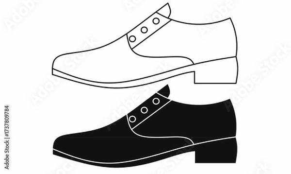 Fototapeta Vector illustration of men’s formal shoes, one in black silhouette and one in outline style, showing details of lace eyelets and heel, ideal for fashion, design, and icon use.
