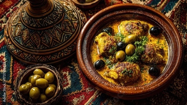 Fototapeta Tagine Magic: Conical earthenware tagine releasing aromatic steam, slow-cooked chicken with preserved lemons and olives, vibrant saffron sauce
