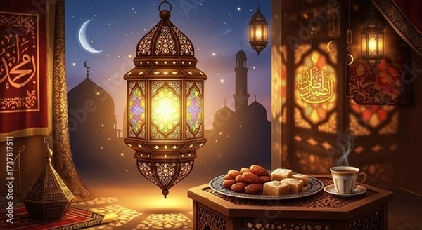 Obraz Decorative lantern glowing in a cozy room during the Ramadan holiday  