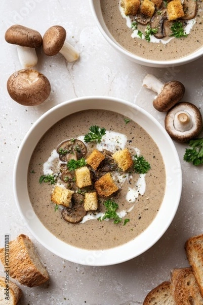 Fototapeta Overhead photo of a bowl of creamy mushroom soup with toasted croutons, white sauce drizzle, and green herbs surrounded by shiitake mushrooms and bread slices