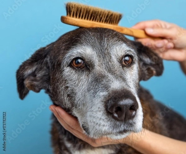 Fototapeta Close-up of a senior dog receiving a loving grooming session against a bright backdrop.