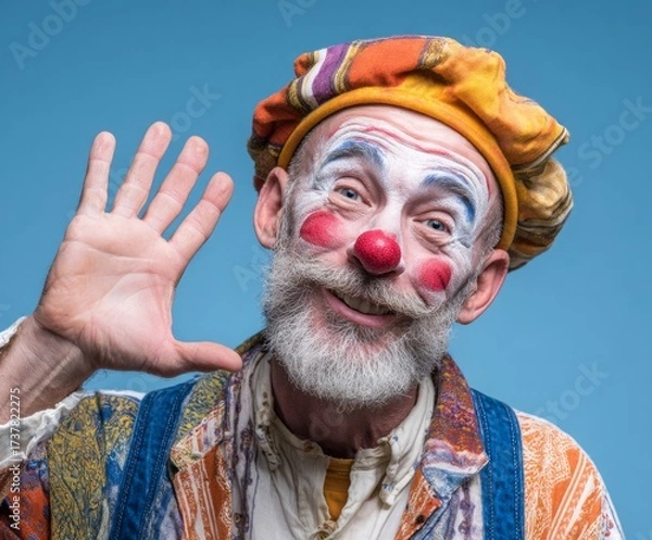 Fototapeta A cheerful senior clown with vibrant makeup and a colorful costume waves warmly, showcasing a playful and joyful expression against a bright backdrop.