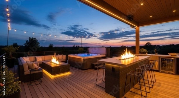 Fototapeta Evening view of an outdoor entertainment area with a built-in fire pit, a hot tub, and bar seating under a wooden structure with string lights. The twilight sky displays vibrant colors.