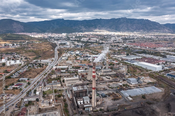 Fototapeta Aerial view of thermal power station in Sliven, Bulgaria