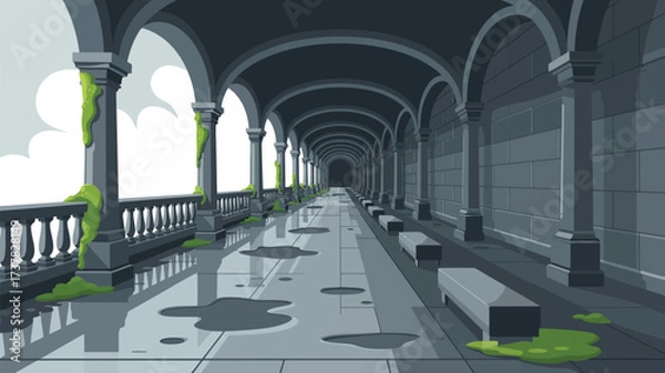 Fototapeta A long corridor with arches and pillars covered in moss leading into the distance with benches along the way
