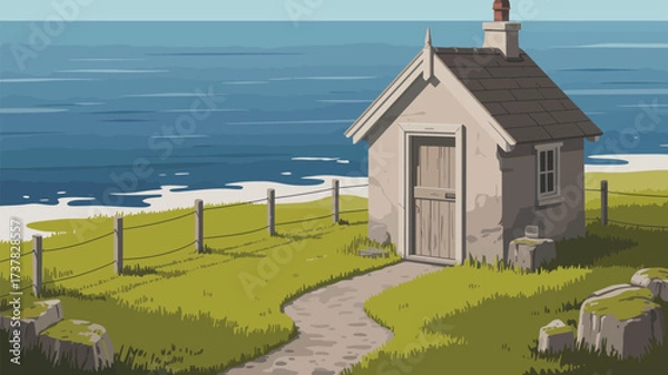 Fototapeta A small house sits on a grassy hill overlooking the ocean with a path leading to the door way