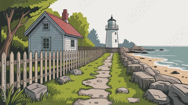 Fototapeta A cartoon of a house near a lighthouse with a fence and a stone path leading to the ocean view