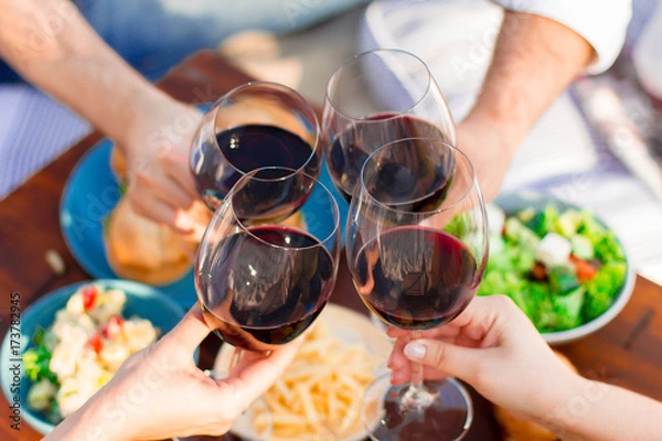 Obraz      Hands Friends toasting red wine glass and having fun outdoors.
