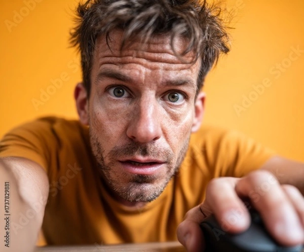 Fototapeta Close-up portrait of a man with an expressive, surprised facial expression, captured against a vibrant mustard yellow backdrop.