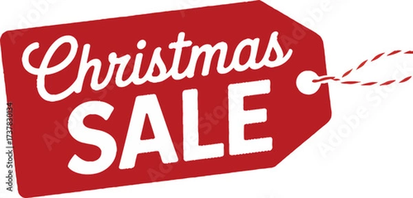 Fototapeta A red christmas sale tag with white text and a string on a white background