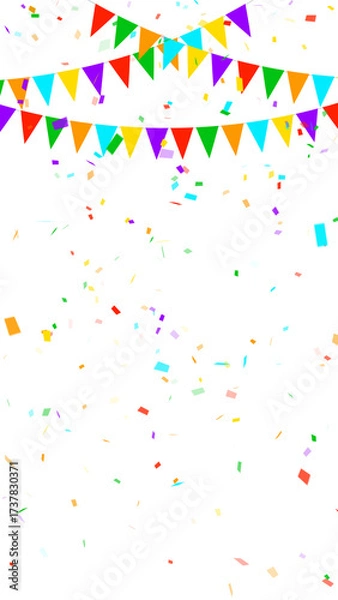 Obraz colorful confetti rain and birthday flags isolated on transparent background, vertical birthday party  celebration overlay vertical social media design element	