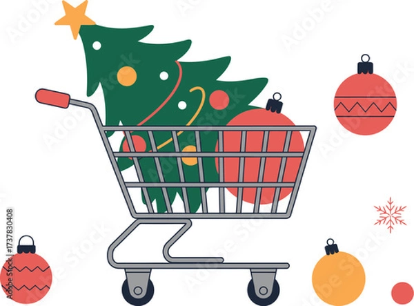 Fototapeta A christmas tree and ornaments in a shopping cart on a white background