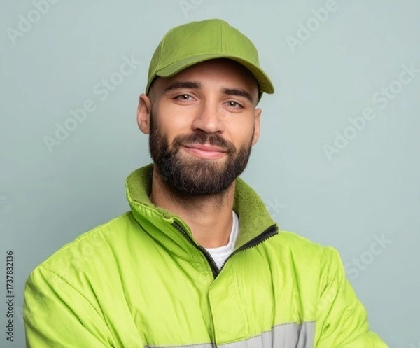 Fototapeta A confident individual, adorned in a vibrant lime green jacket and cap, presents a friendly and professional demeanor.