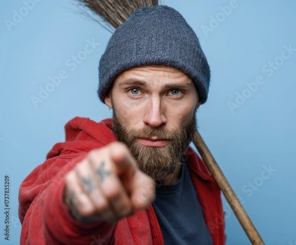 Fototapeta A man with a serious expression, pointing directly at the viewer, in a red hoodie and a gray beanie, against a light blue background.