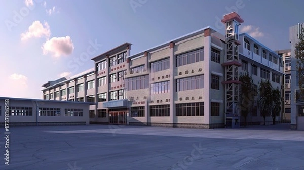 Fototapeta Hardware factory building with a large industrial-style exterior, metal doors and windows, loading docks for trucks, and signage for hardware production, surrounded by storage yards with stacked metal